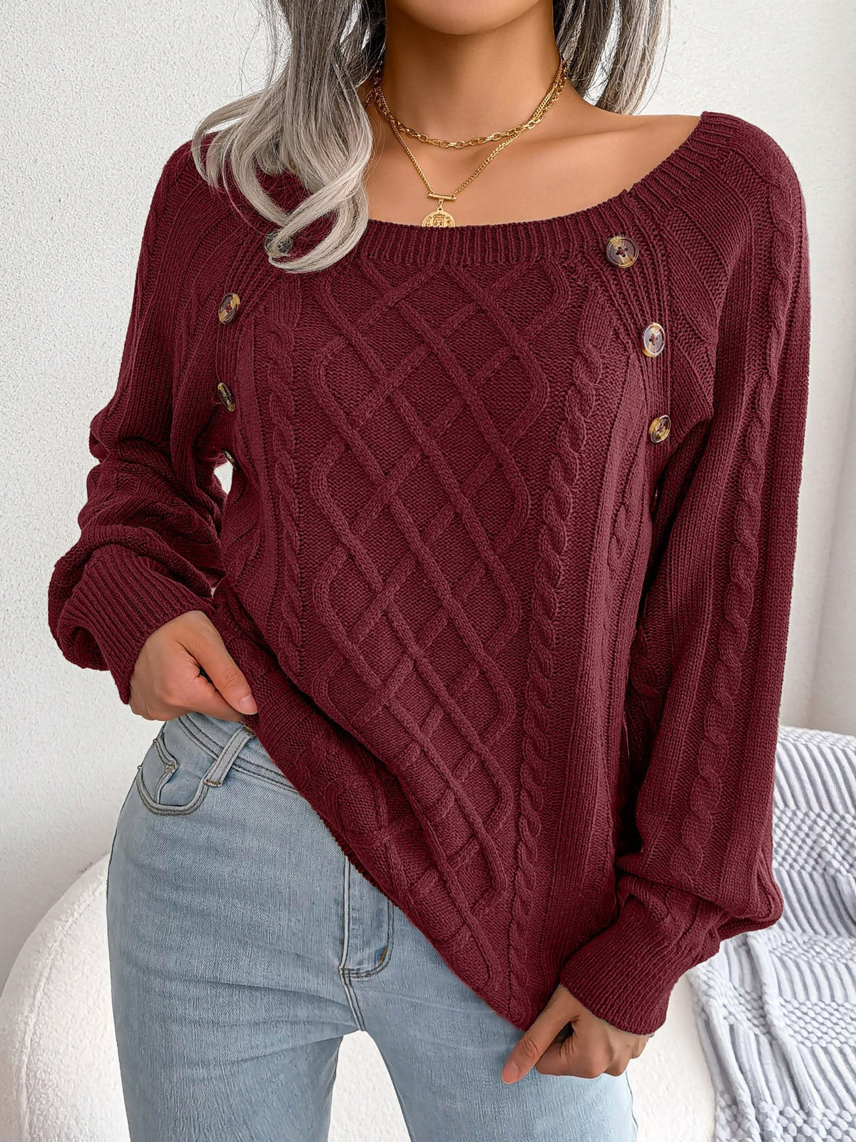 Round Neck Button Decor Cable Knit Pullover Sweater