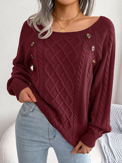 Round Neck Button Decor Cable Knit Pullover Sweater