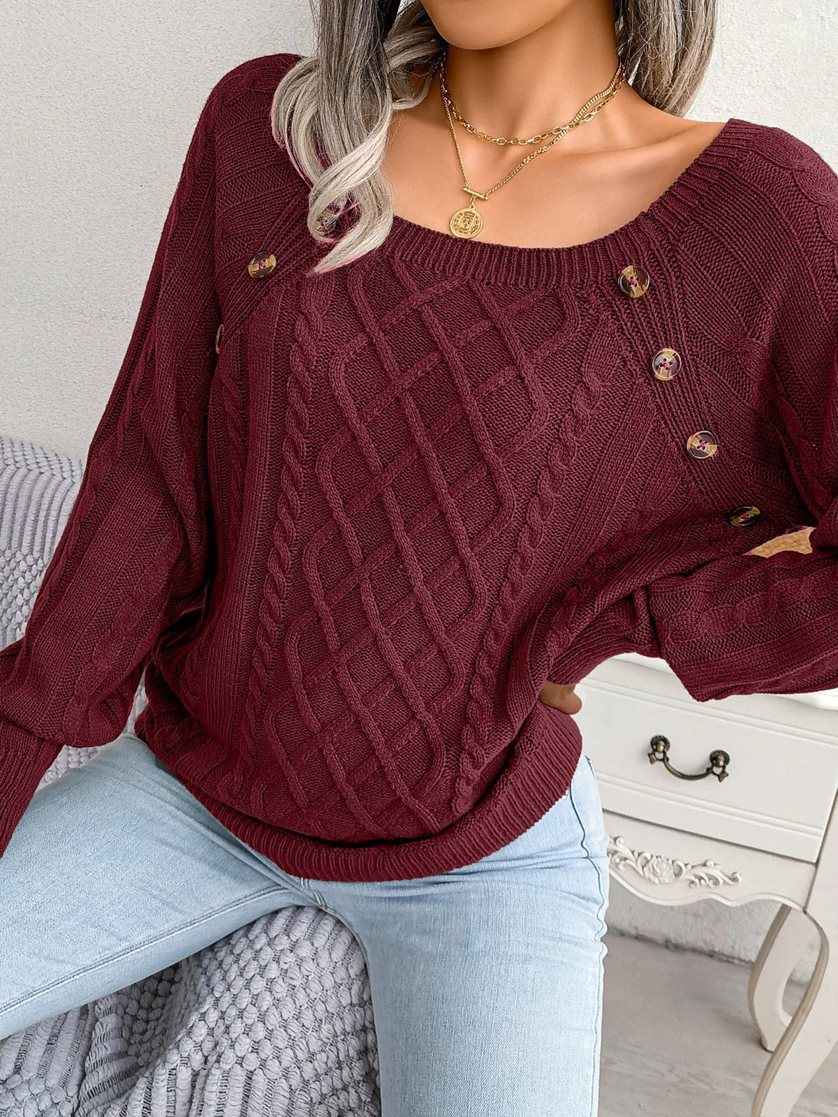 Round Neck Button Decor Cable Knit Pullover Sweater