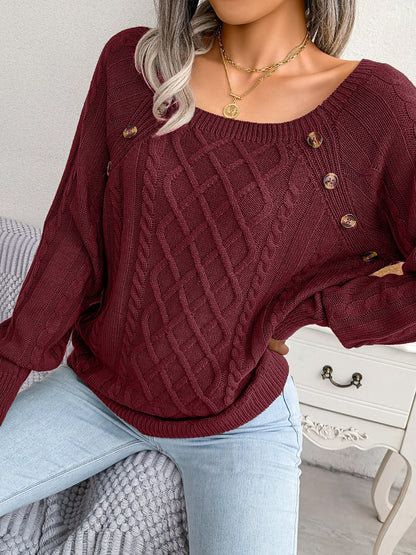 Round Neck Button Decor Cable Knit Pullover Sweater