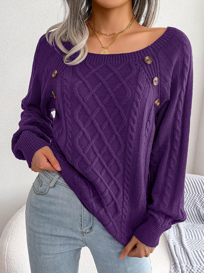 Round Neck Button Decor Cable Knit Pullover Sweater