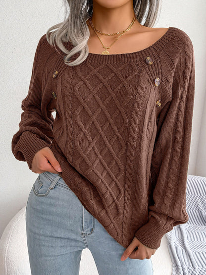 Round Neck Button Decor Cable Knit Pullover Sweater