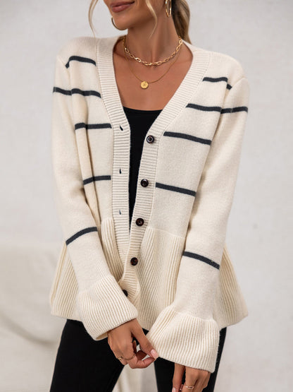 Striped Long Sleeve Ruffled Hem Knitted Cardigan