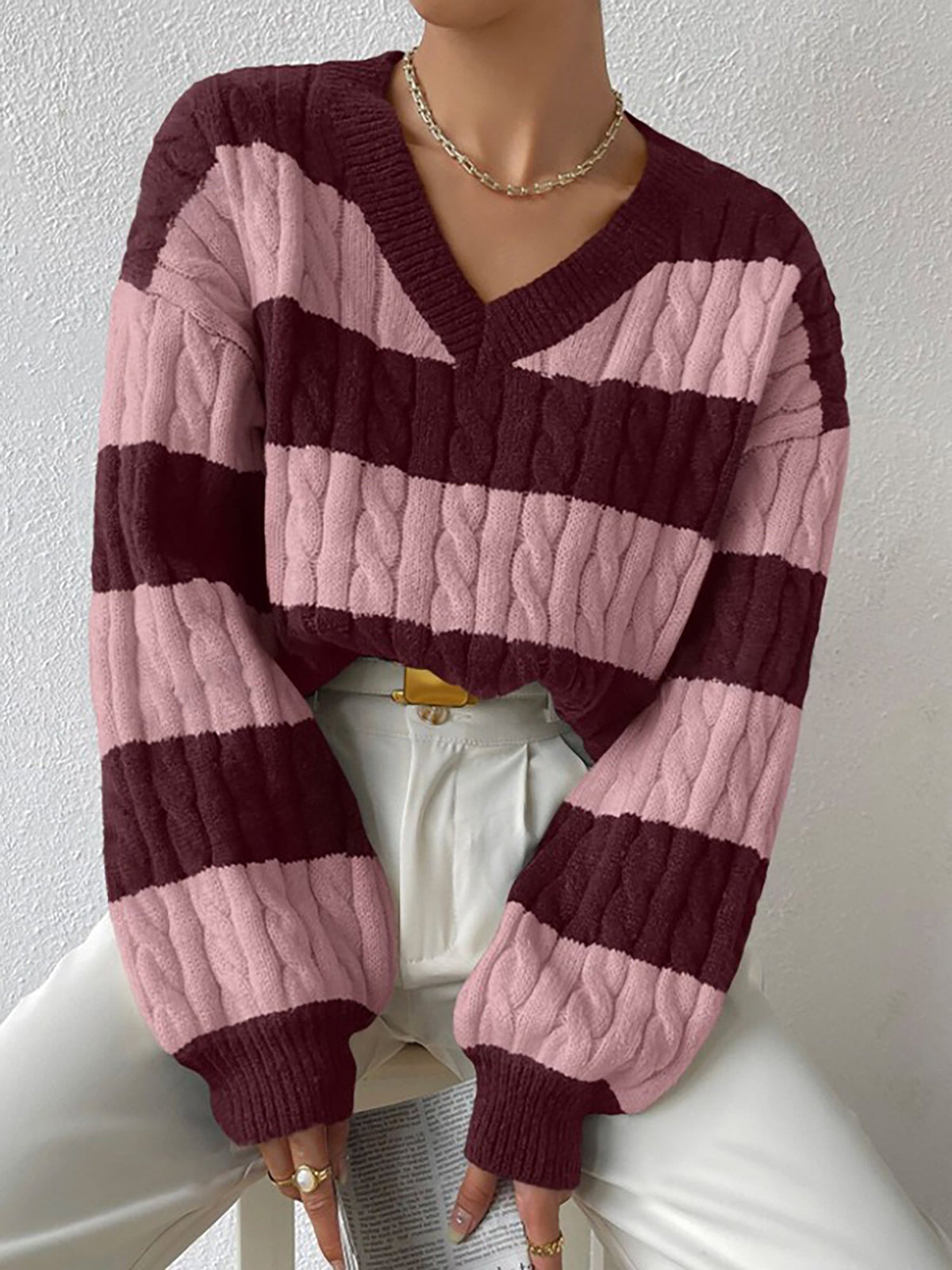 V Neck Striped Colorblock Cable Knit Sweater