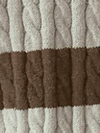 V Neck Striped Colorblock Cable Knit Sweater