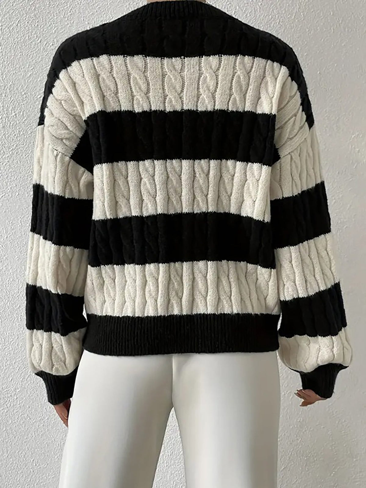 V Neck Striped Colorblock Cable Knit Sweater