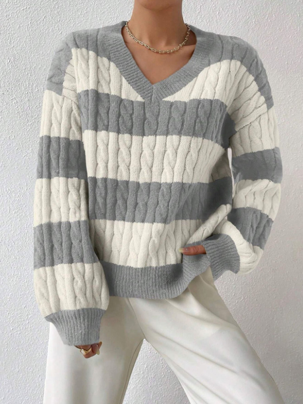 V Neck Striped Colorblock Cable Knit Sweater