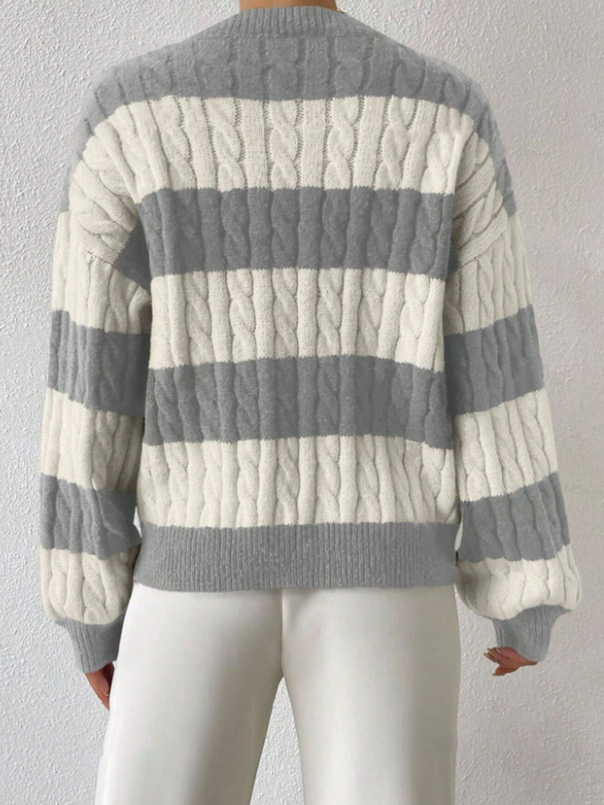 V Neck Striped Colorblock Cable Knit Sweater