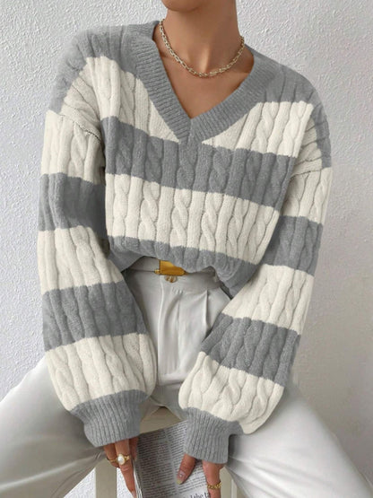 V Neck Striped Colorblock Cable Knit Sweater