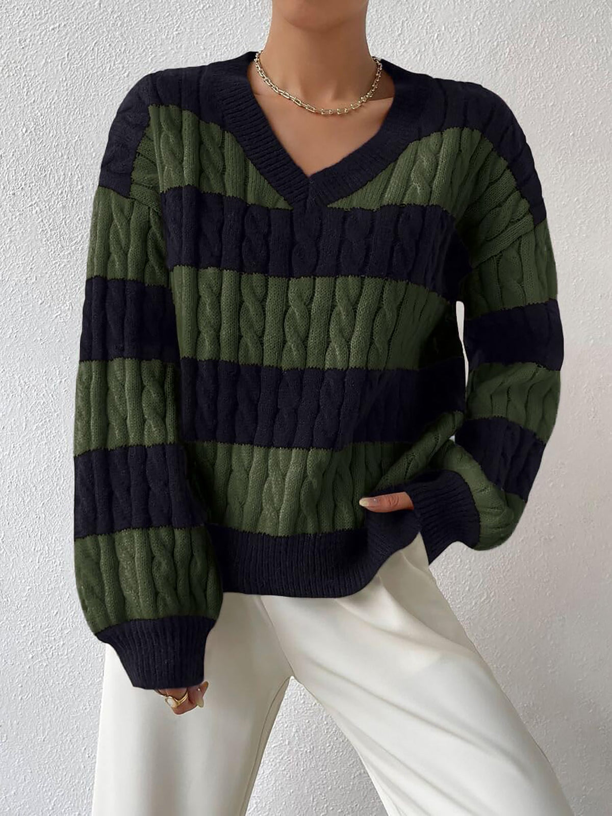 V Neck Striped Colorblock Cable Knit Sweater