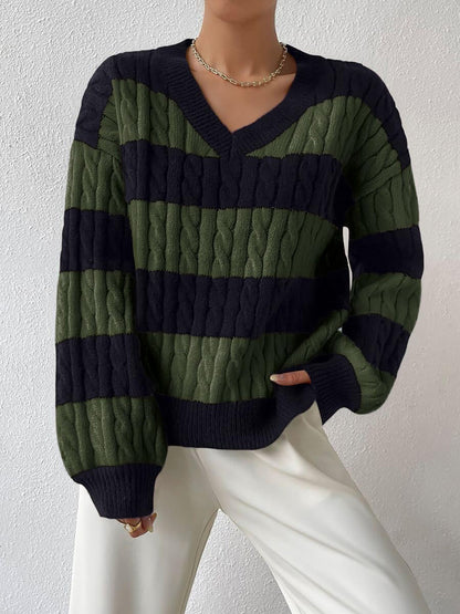 V Neck Striped Colorblock Cable Knit Sweater
