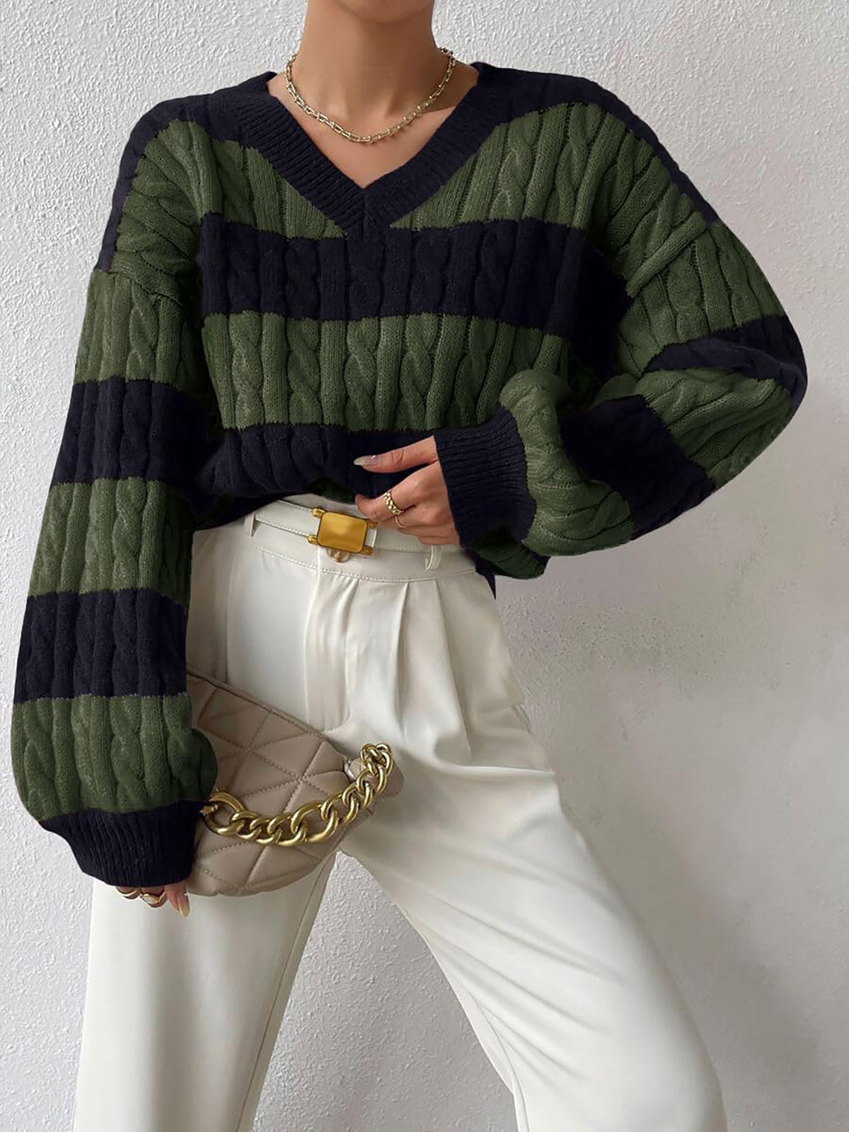 V Neck Striped Colorblock Cable Knit Sweater