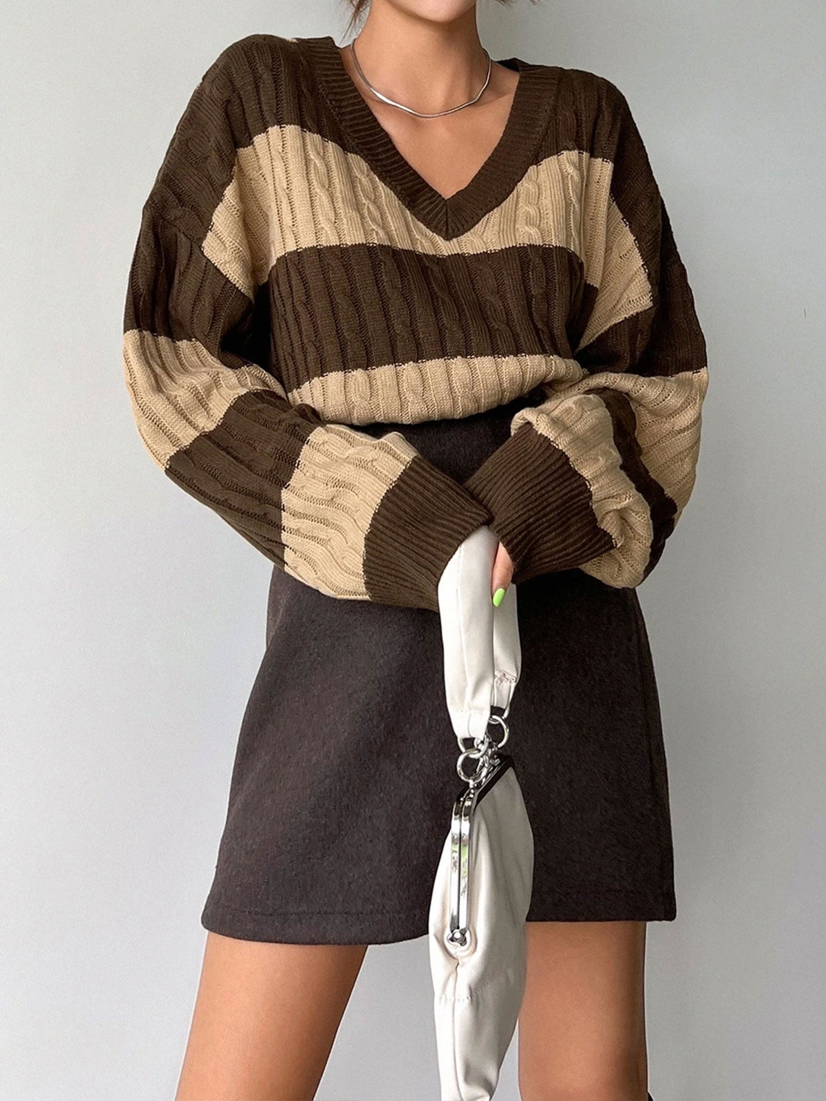 V Neck Striped Colorblock Cable Knit Sweater