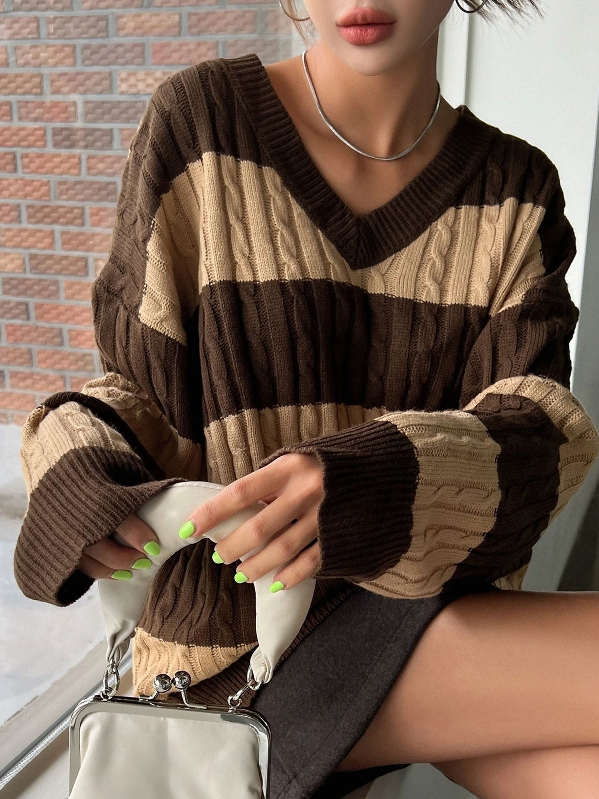 V Neck Striped Colorblock Cable Knit Sweater