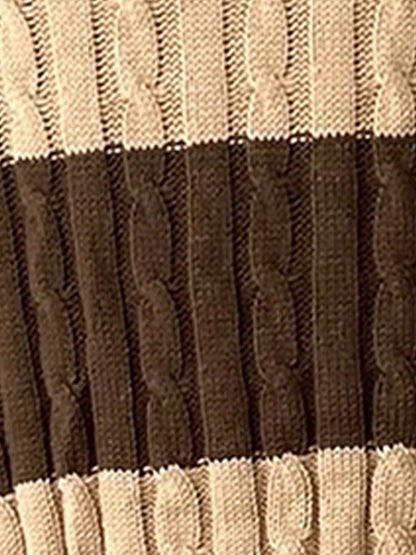 V Neck Striped Colorblock Cable Knit Sweater