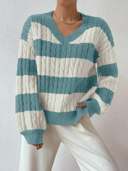 V Neck Striped Colorblock Cable Knit Sweater