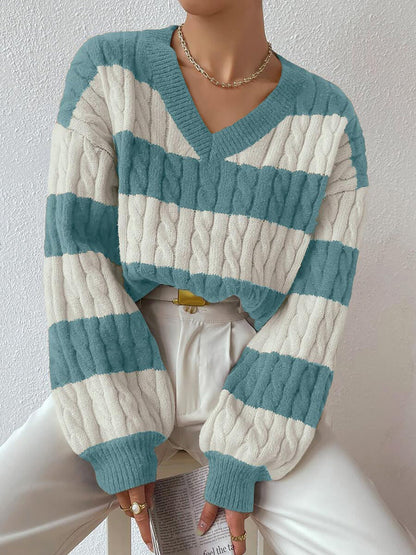 V Neck Striped Colorblock Cable Knit Sweater