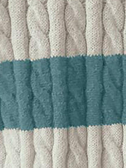V Neck Striped Colorblock Cable Knit Sweater