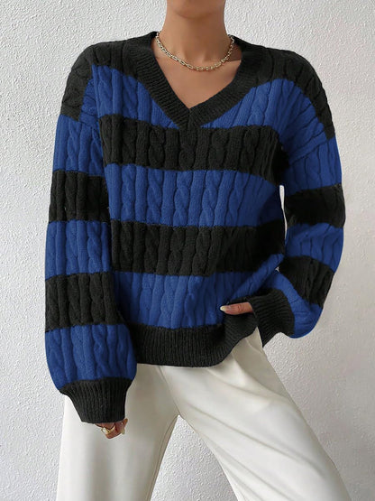 V Neck Striped Colorblock Cable Knit Sweater
