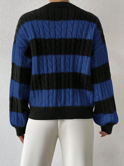 V Neck Striped Colorblock Cable Knit Sweater