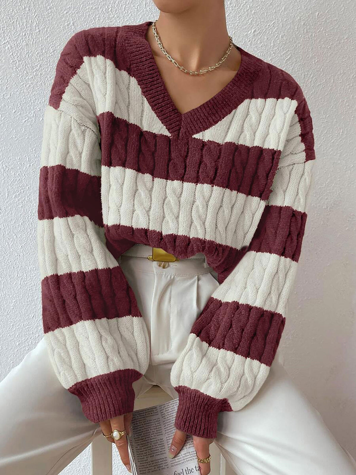 V Neck Striped Colorblock Cable Knit Sweater