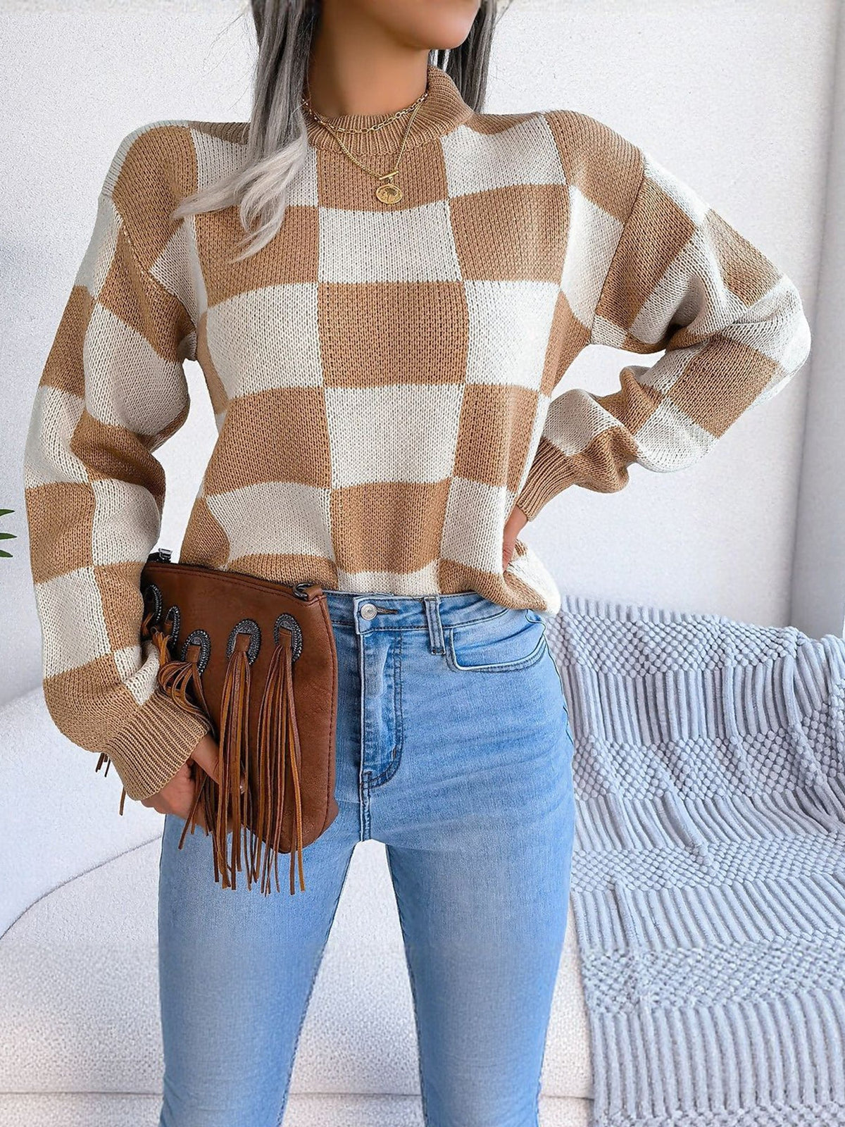 Colorblocked Checkered Long Sleeve Pullover Knit Sweater