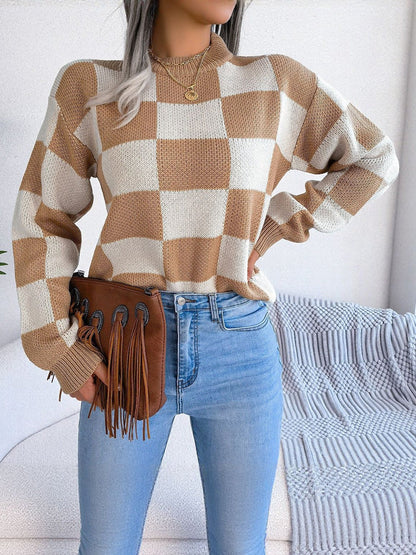 Colorblocked Checkered Long Sleeve Pullover Knit Sweater
