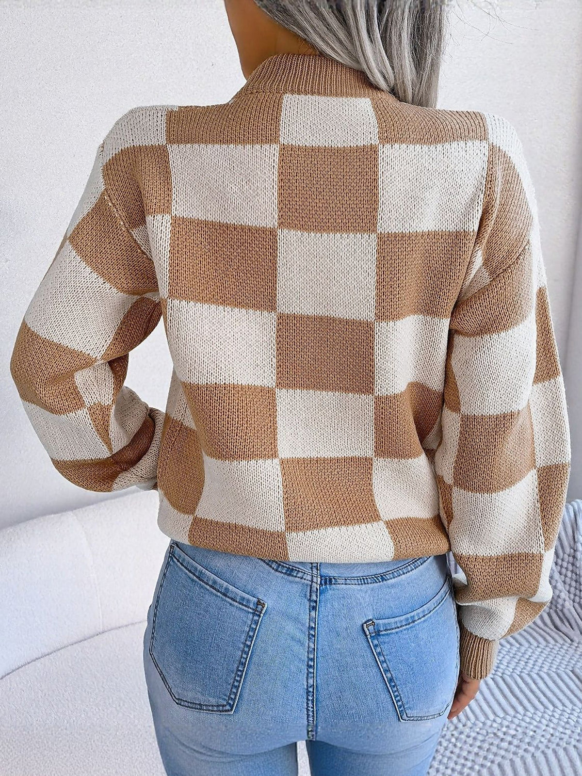 Colorblocked Checkered Long Sleeve Pullover Knit Sweater