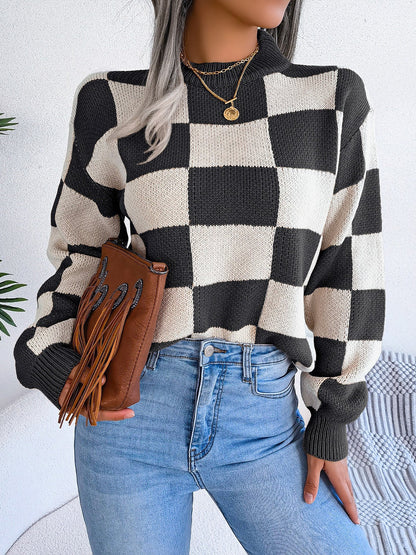 Colorblocked Checkered Long Sleeve Pullover Knit Sweater