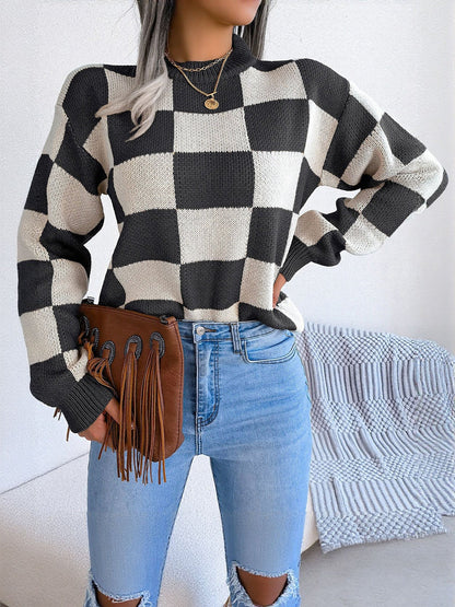 Colorblocked Checkered Long Sleeve Pullover Knit Sweater