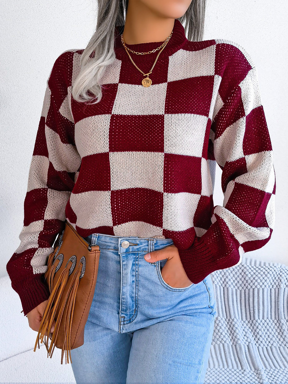 Colorblocked Checkered Long Sleeve Pullover Knit Sweater