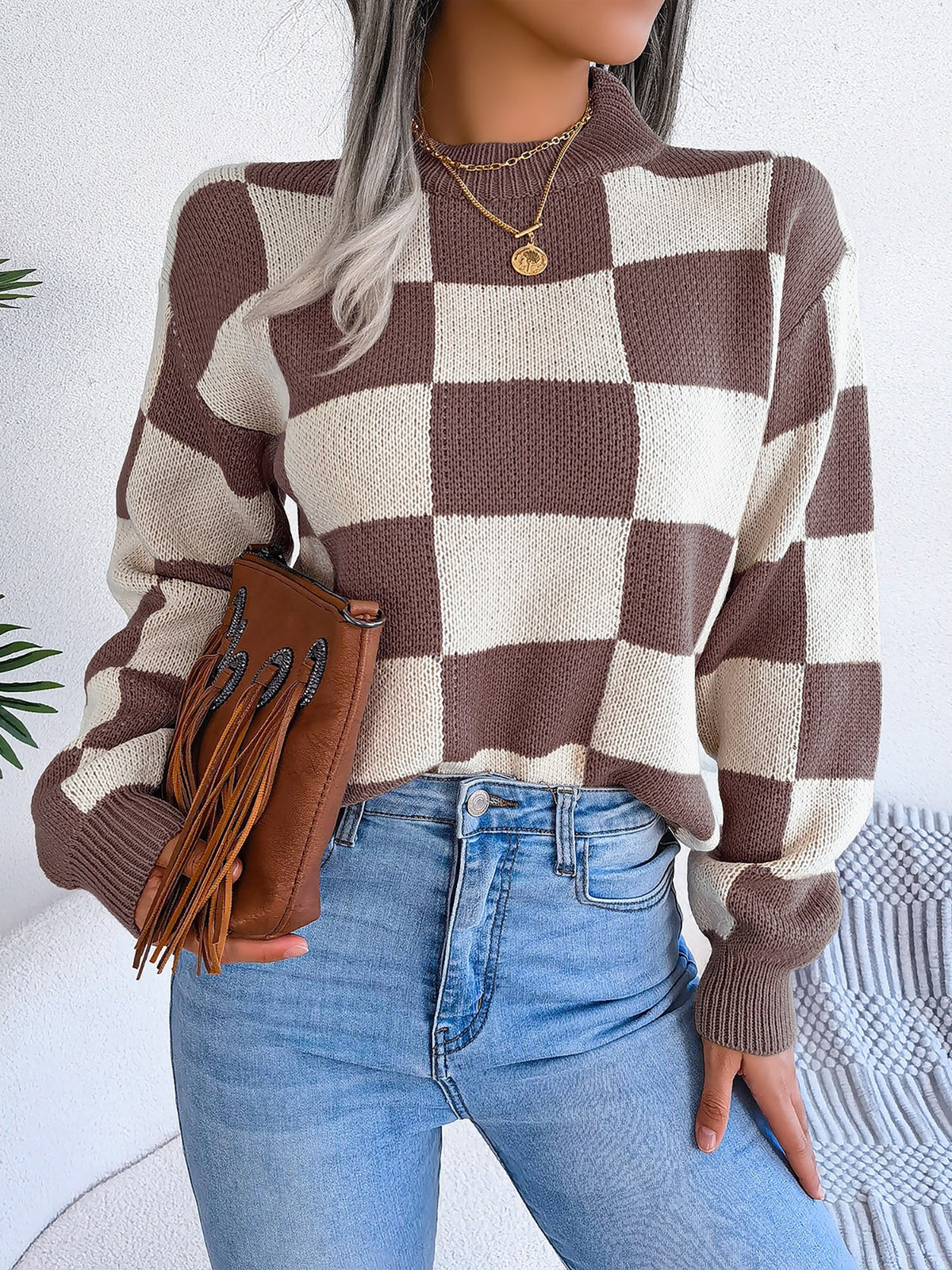 Colorblocked Checkered Long Sleeve Pullover Knit Sweater