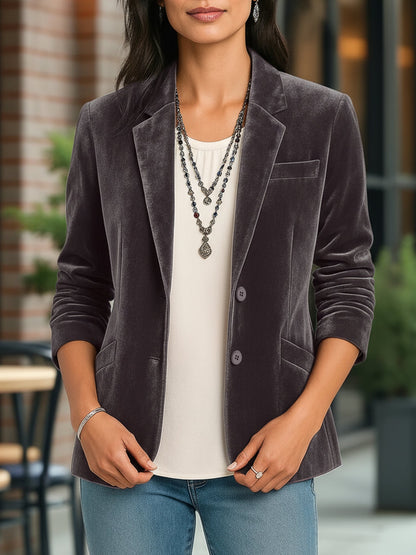 Velvet Solid Color Button Down Long Sleeves Blazer