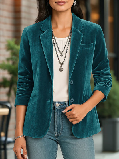 Velvet Solid Color Button Down Long Sleeves Blazer