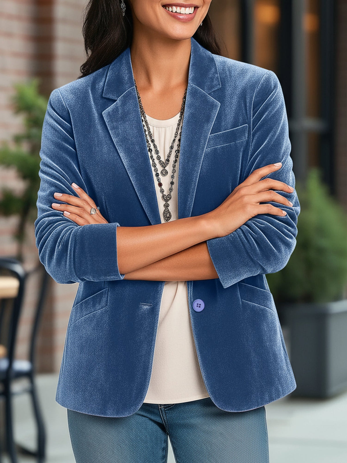 Velvet Solid Color Button Down Long Sleeves Blazer