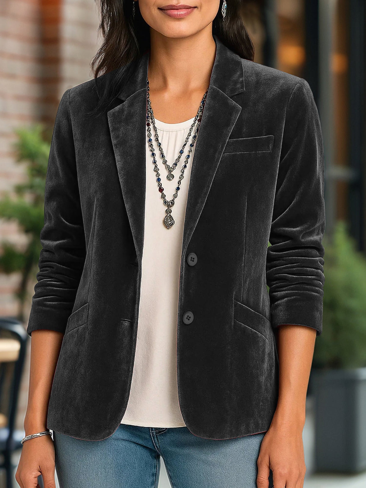 Velvet Solid Color Button Down Long Sleeves Blazer