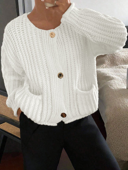 Solid Color Button Front Pockets Casual Knit Cardigan