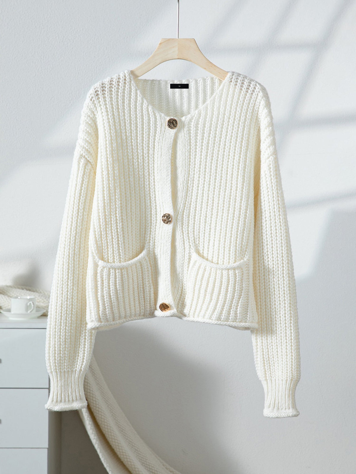 Solid Color Button Front Pockets Casual Knit Cardigan