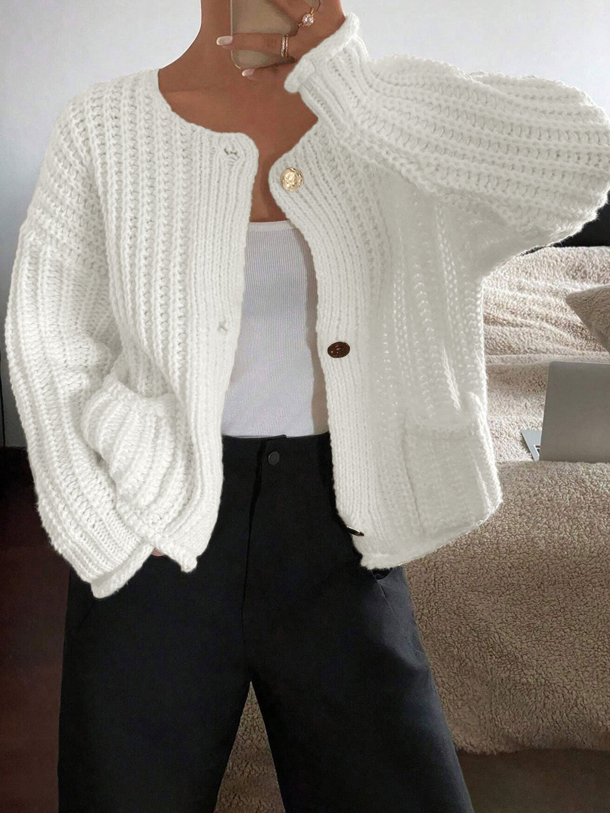 Solid Color Button Front Pockets Casual Knit Cardigan