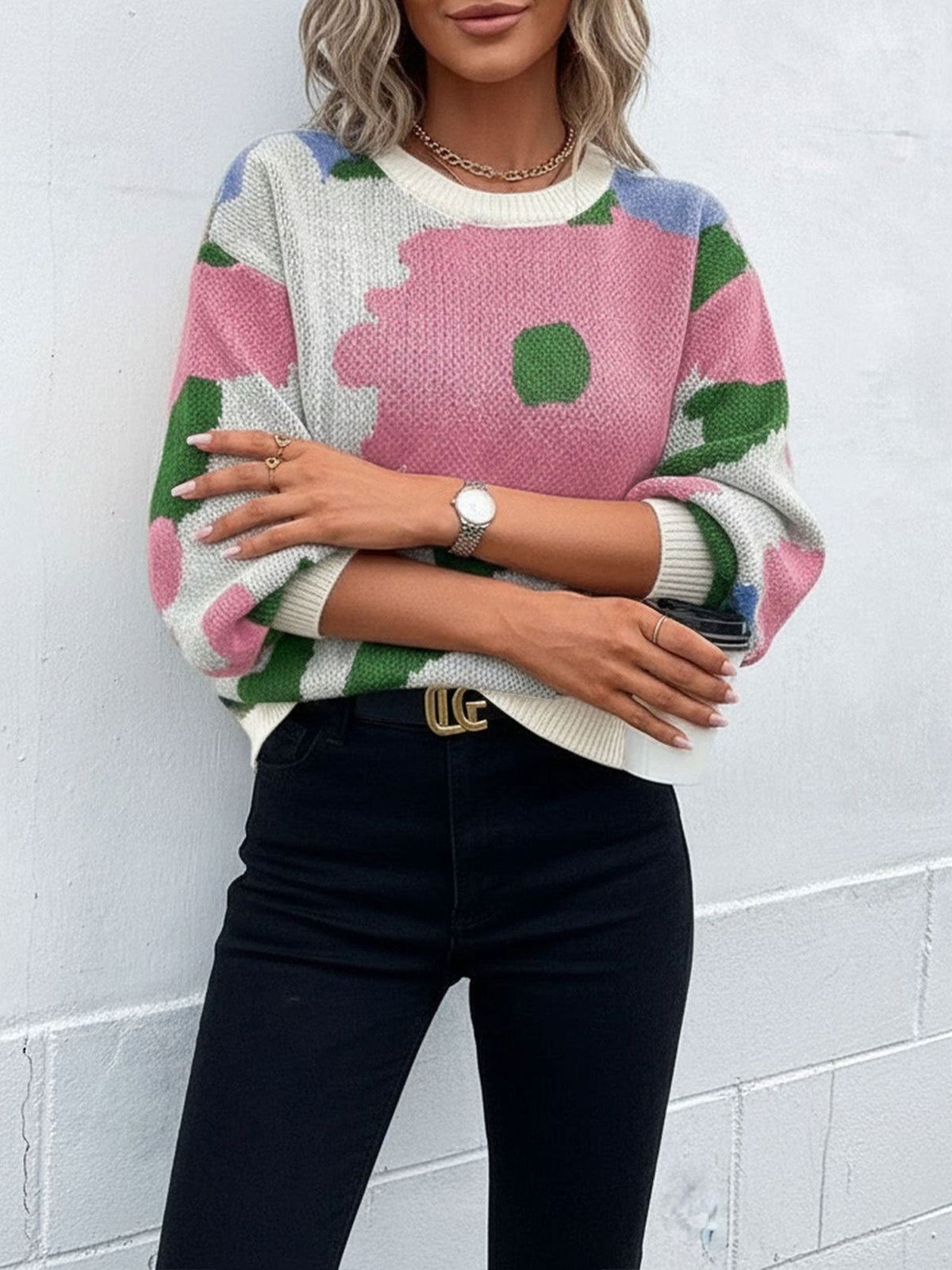 Crew Neck Long Sleeve Knit Pullover Sweater