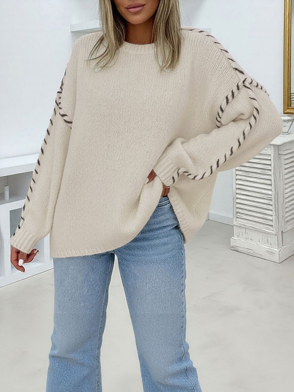 Colorblock Pullover Crew Neck Long Sleeve Knit Sweater