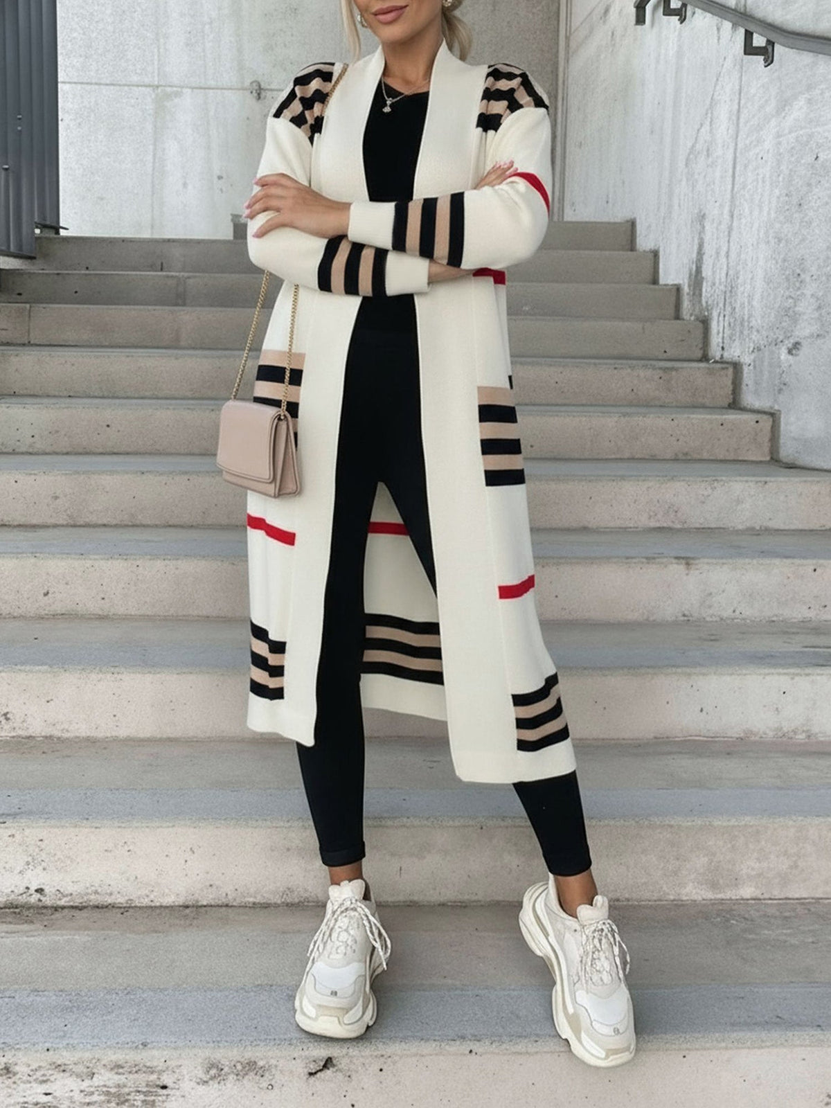 Loose Fit Long Sleeve Striped Knit Cardigan