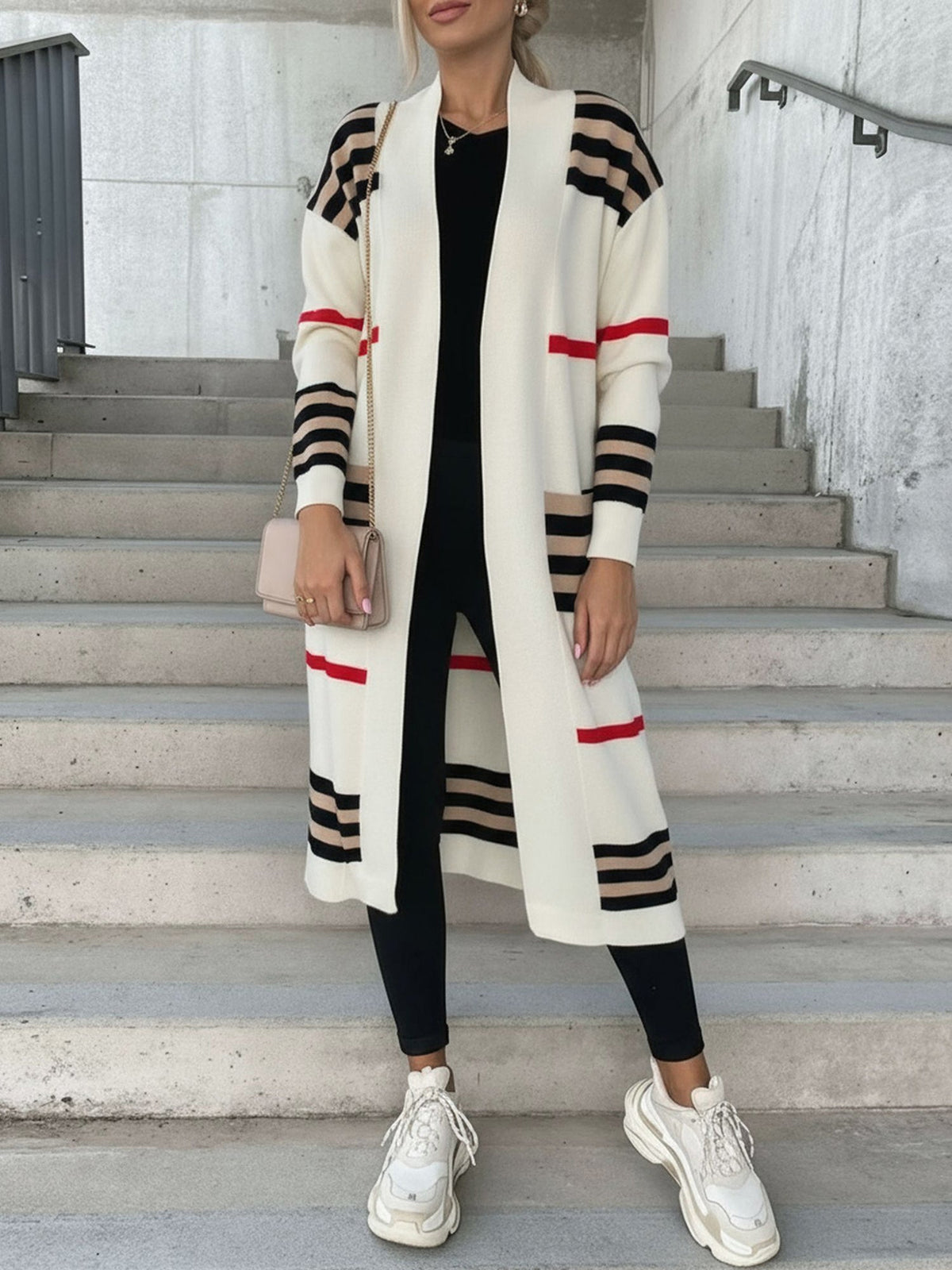 Loose Fit Long Sleeve Striped Knit Cardigan