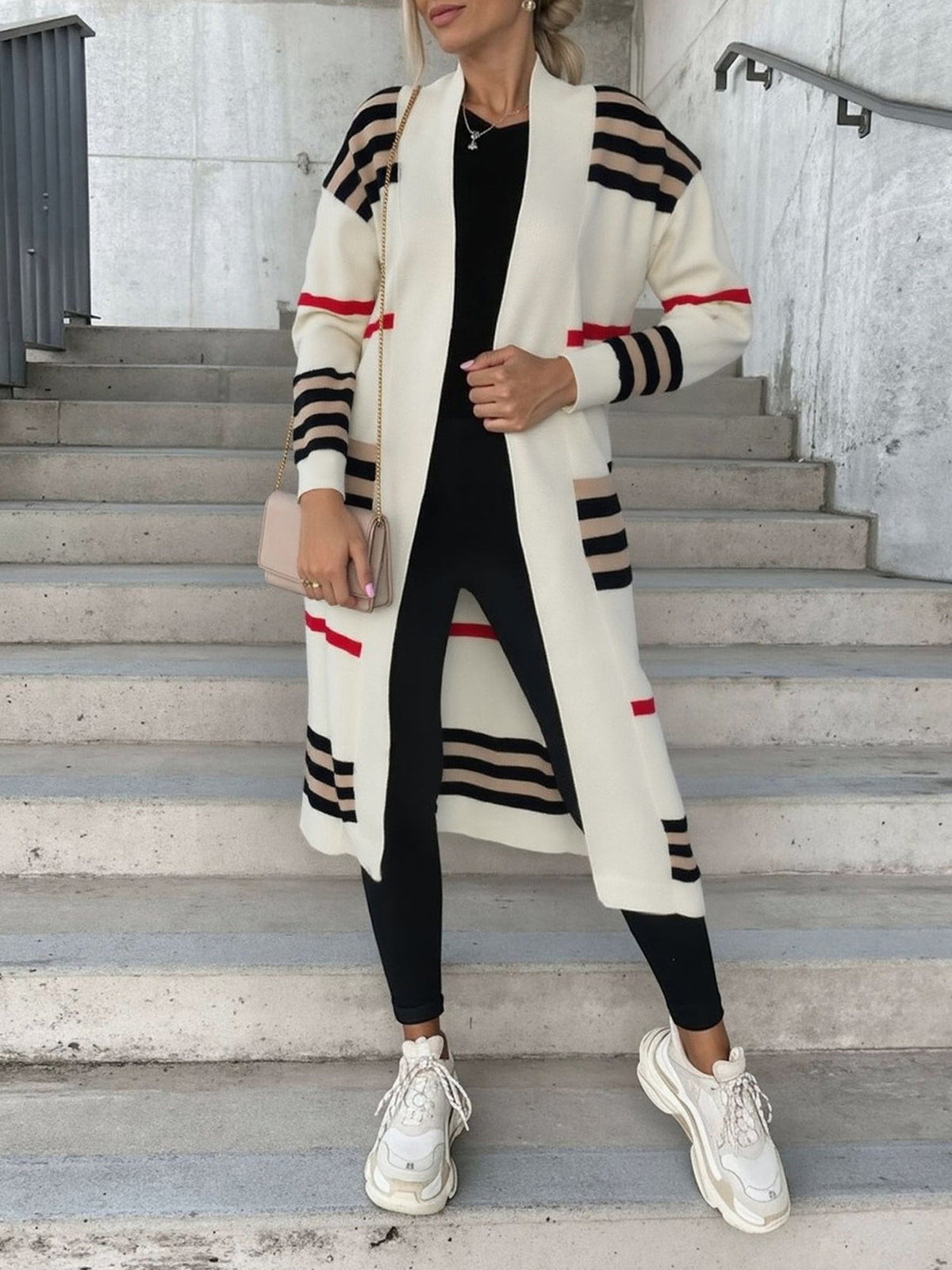 Loose Fit Long Sleeve Striped Knit Cardigan
