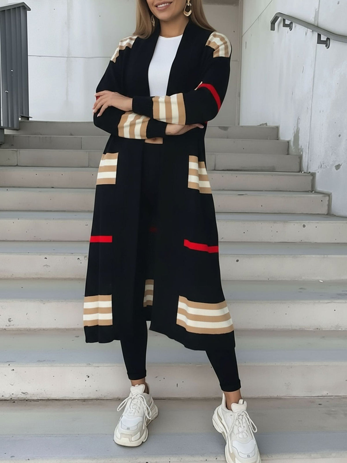 Loose Fit Long Sleeve Striped Knit Cardigan