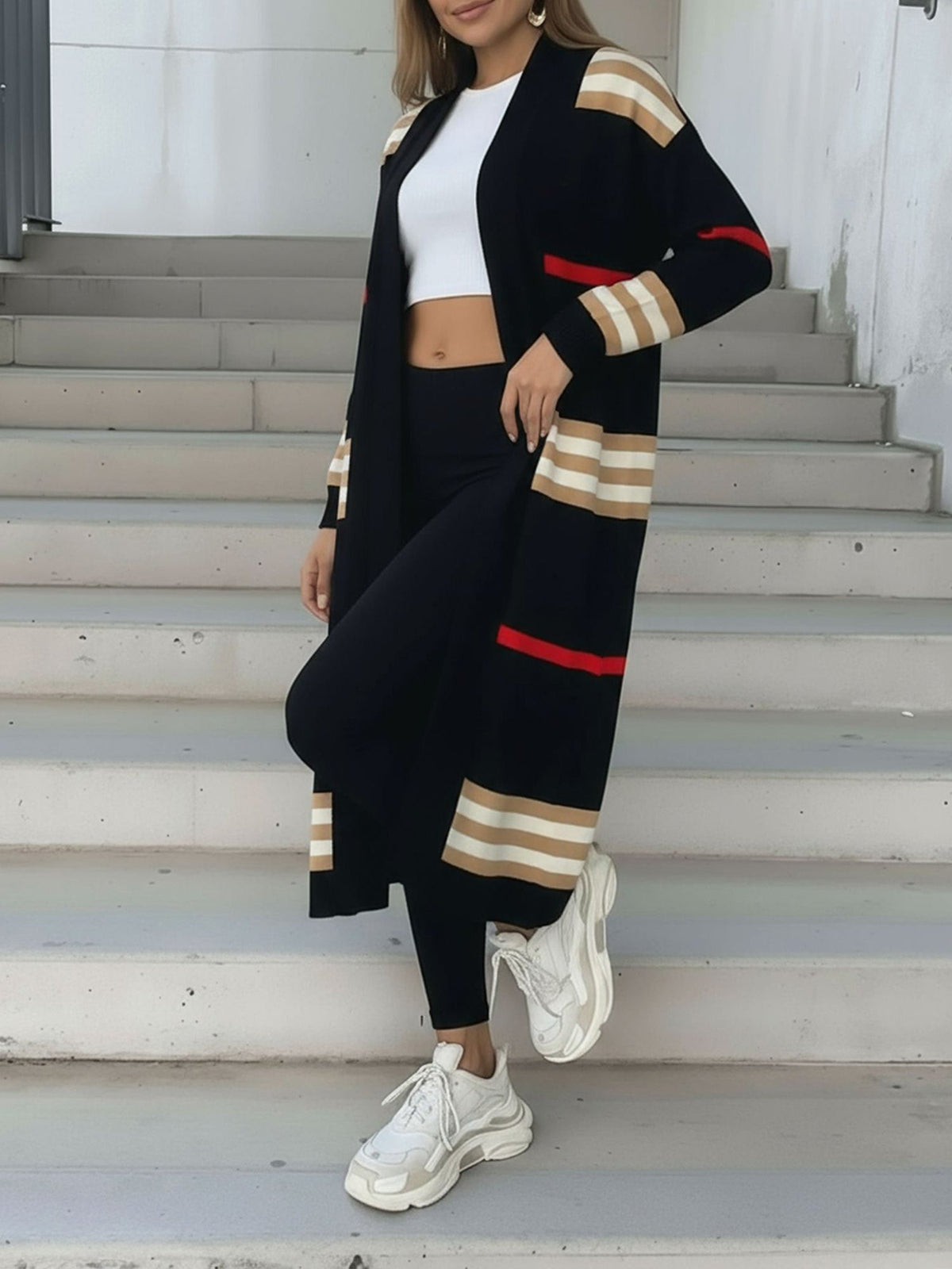 Loose Fit Long Sleeve Striped Knit Cardigan