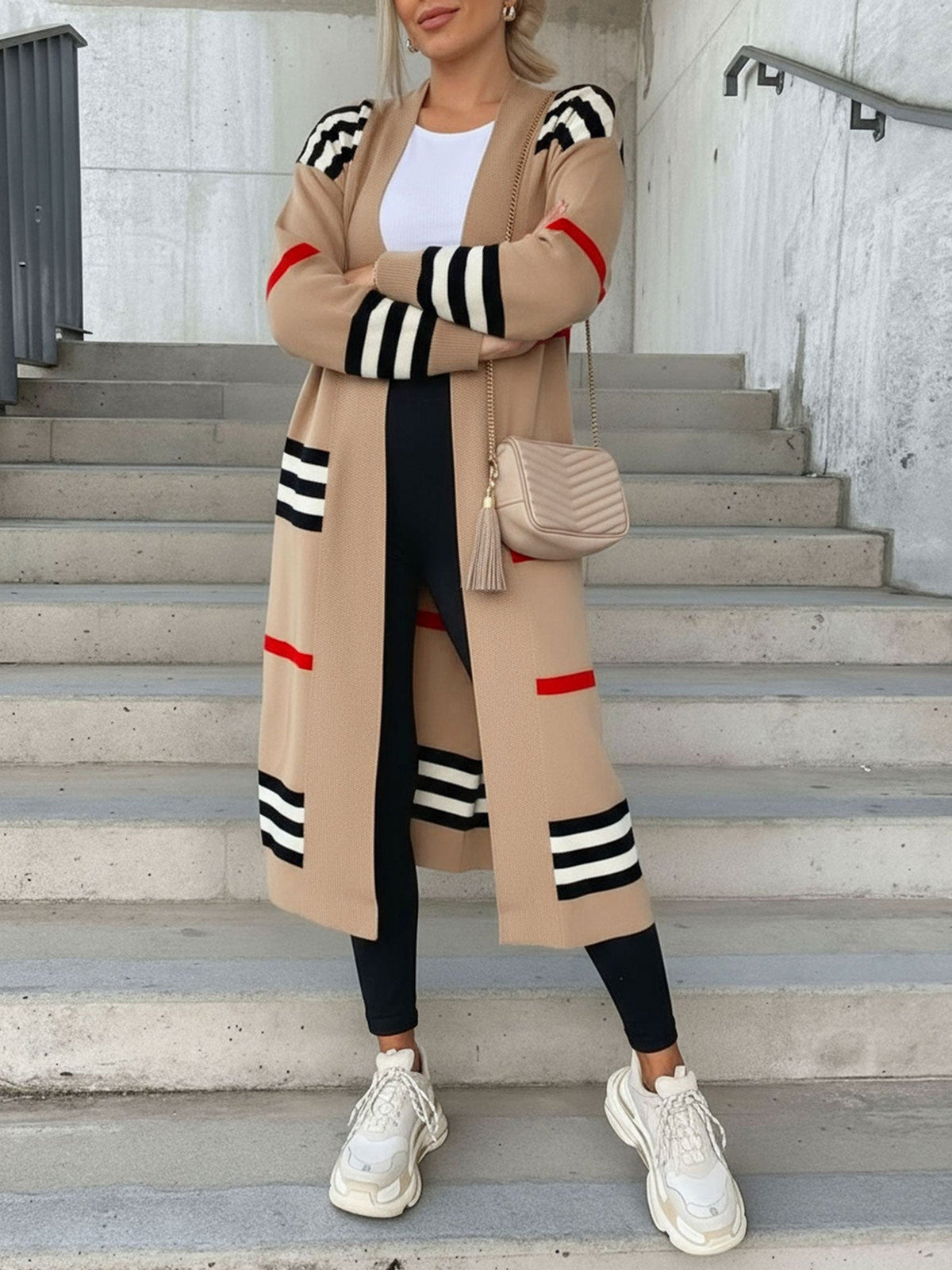Loose Fit Long Sleeve Striped Knit Cardigan