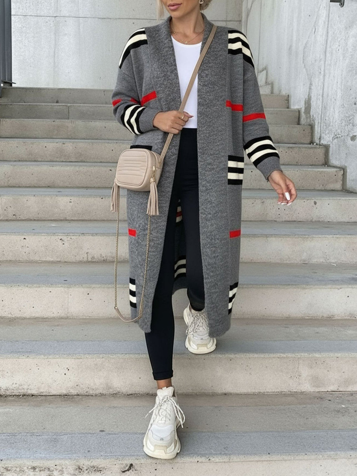 Loose Fit Long Sleeve Striped Knit Cardigan