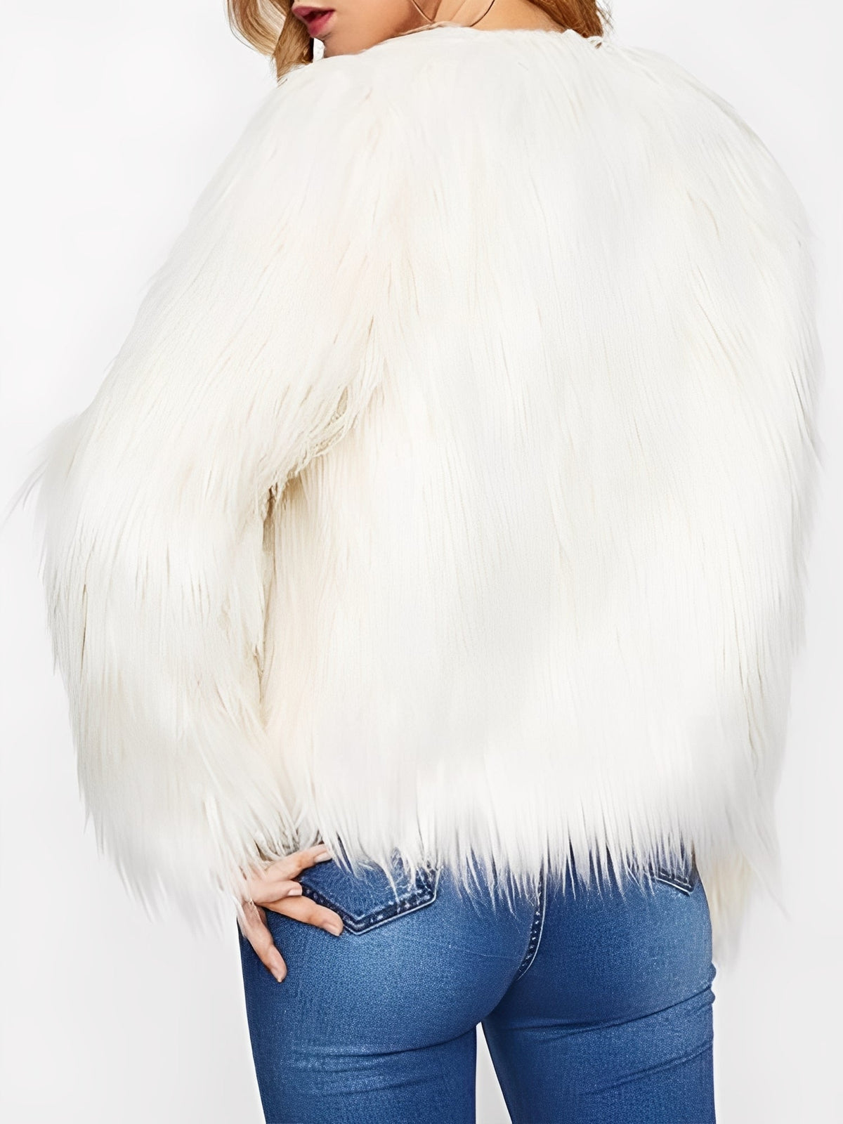 Long Sleeves Collarless Cropped Faux Fur Coat