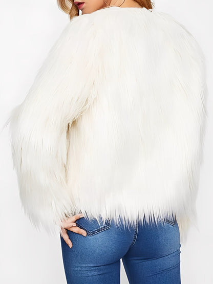 Long Sleeves Collarless Cropped Faux Fur Coat
